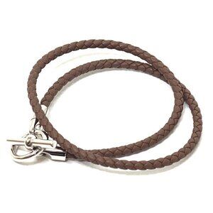 Hermes Leather Bracelet Glenan Double Tour Etoupe Silver